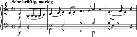 
\relative c' { \new PianoStaff << \new Staff { \set Staff.midiInstrument = #"Stringensemble 1" \key c \major \clef treble \time 2/2 \set Score.tempoHideNote = ##t \tempo "Sehr kräftig, markig" 2 = 22 c2 \f g8( a16 g16 a8 b8 ) |  c4.( d8 e4 ) d8( e8) |  f4.  g8 a4 a4 |  e4.( f8 e4 ) r4 |  } \new Staff << \new Voice { \set Staff.midiInstrument = #"Stringensemble 1" \stemDown \clef bass \key c \major \time 2/2 c,2 \f b2 |  a2 g2 |  f2 d2 |  a'2.  s4 |  } \new Voice { \stemUp c2 d2 |  e2 e2 |  a2 a2 |  a8 (e8) a2 r4 |  } >> >> }
