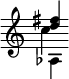 { \override Score.TimeSignature #'stencil = ##f << { <d'' fis''>4 } \\ { aes } \\ { } \\ { c'' } >> }