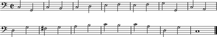 
\relative c {
  \clef bass
  \time 2/2
  \override Score.BarNumber #'stencil = ##f
  c2 g c b c d e f e f g g, c a\break
  d g fis g a b c b c a d, g c,1
  \bar "|."
}
