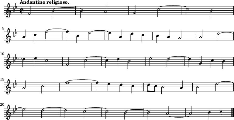 
\relative c' {
  \override Rest #'style = #'classical
  \key bes \major
  \tempo"Andantino religioso."
  \time 2/2
  f2 bes~
  bes a
  g c~
  c bes
  \break
  a4 c f2~
  f4 bes, es2~
  es4 a, d c
  bes a g2
  a d~
  \break
  d4 es c2
  f, c'~
  c4 d bes2
  es d~
  d4 g, c bes
  \break
  a2 c
  f1~
  f4 es d c
  d8 c bes2 a4
  bes2 es~
  \break
  es d~
  d c~
  c bes~
  bes a~
  a bes4 r \bar "|."
}
\midi {
  \context {
    \Score
    tempoWholesPerMinute = #(ly:make-moment 76 2)
  }
}
