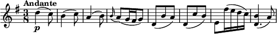 
\relative c'' {
    \version "2.18.2"
    \key g \major
    \numericTimeSignature
    \time 3/8
    \tempo "Andante" 
    \tempo 4 = 60
    d4\p^ (c8)
    b4 (c8)
    a4 (b8)
    \grace b16 (a8) (g16 fis g8)
    d (b' a)
    d, (c' b)
    e, fis'16 (e d c)
    <<\relative {b'4 (a8) }\relative {d'4.}>>
  }
