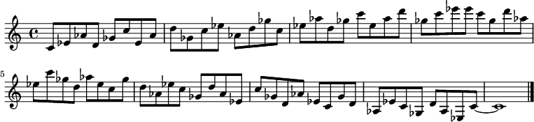 
{

\modalTranspose c c' { c d ees ges aes } { c8 ees aes } 
\modalTranspose c d' { c d ees ges aes } { c ees aes } 
\modalTranspose c ees' { c d ees ges aes } { c ees aes } 
\modalTranspose c ges' { c d ees ges aes } { c ees aes } 
\modalTranspose c aes' { c d ees ges aes } { c ees aes } 
\modalTranspose c c'' { c d ees ges aes } { c ees aes } 
\modalTranspose c d'' { c d ees ges aes } { c ees aes } 
\modalTranspose c ees'' { c d ees ges aes } { c ees aes } 
\modalTranspose c ges'' { c d ees ges aes } { c ees aes } 

\modalInversion c ees''' { c d ees ges aes } { c ees aes } 
\modalInversion c d''' { c d ees ges aes } { c ees aes } 
\modalInversion c c''' { c d ees ges aes } { c ees aes } 
\modalInversion c aes'' { c d ees ges aes } { c ees aes } 
\modalInversion c ges'' { c d ees ges aes } { c ees aes } 
\modalInversion c ees'' { c d ees ges aes } { c ees aes } 
\modalInversion c d'' { c d ees ges aes } { c ees aes } 
\modalInversion c c'' { c d ees ges aes } { c ees aes } 
\modalInversion c aes' { c d ees ges aes } { c ees aes } 
\modalInversion c ges' { c d ees ges aes } { c ees aes } 
\modalInversion c ees' { c d ees ges aes } { c ees aes } 
\modalInversion c d' { c d ees ges aes } { c ees aes } 

c'8~ c'1

\bar "|."
}
