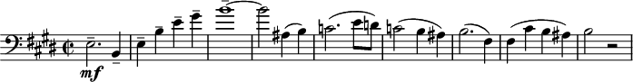 
\header {
  tagline = ##f
}

\score {
  \new Staff \with {

  }
<<
  \relative c {
    \key e \major
    \time 2/2
    \tempo 2 = 60
    \override TupletBracket #'bracket-visibility = ##f
    \set Score.currentBarNumber = #3
    \autoBeamOff
    \set Staff.midiInstrument = #"string ensemble 1"

     %%% AB 7-1 th1
     \clef bass e2.--\mf b4-- e-- b'-- e-- gis-- b1~-- b2 ais,4( b) c!2.( e8[ d!]) c!2( b4 ais) b2.( fis4) fis( cis' b ais) b2 r2

  }
>>
  \layout {
    \context { \Score \remove "Metronome_mark_engraver"
    }
  }
  \midi {}
}
