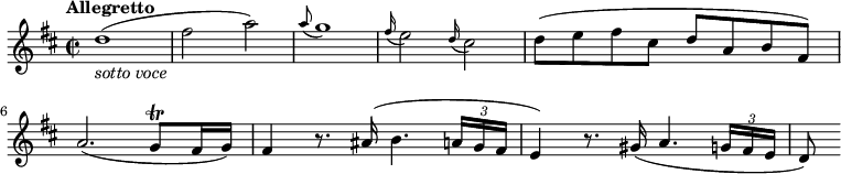 
  \relative c'' {
    \version "2.18.2"
    \key d \major 
    \tempo "Allegretto"
    \time 2/2
    \tempo 4 = 160
    d1_\markup{\italic {sotto voce}}  (fis2 a)
    \grace a8 (g1)
     \grace fis16 (e2) \grace d16 (cis2)
     d8 (e fis cis d a b fis)
     a2. (g8 \trill fis16 g)
     fis4 r8. ais16 (b4. \tuplet 3/2 {a16 g fis} e4)
     r8. gis16 (a4. \tuplet 3/2 {g16 fis e} d8)  
}
