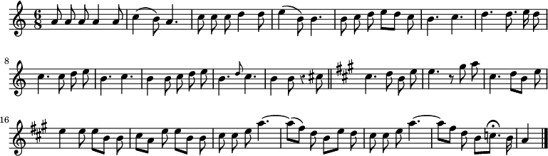 
\relative c'' {
  \key a \minor
  \time 6/8
  \autoBeamOff
  \override Rest #'style = #'classical
  a8 a a a4 a8
  c4( b8) a4.
  c8 c c d4 d8
  e4( b8) b4.
  b8 c d e[ d] c
  b4. c
  d d8. e16 d8
  c4. c8 d e

  b4. c
  b4 b8 c d e
  b4. \grace d8 c4.
  b4 b8 r4 cis8 \bar "||"
  \key a \major
  cis4. d8 b e
  e4. r8 gis a
  cis,4. d8[ b] e
  e4 e8 e[ b] b

  cis[ a] e' e [ b] b
  cis cis e a4.~
  a8[( fis]) d b[ e] d
  cis cis e a4.~
  a8[ fis] d b[ c8.]\fermata b16
  a4
  \bar "|."
}
