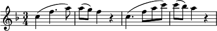 \new Score {  \new Staff = "clarinet" {    \relative c'' {      \set Staff.midiInstrument = #"clarinet"      \clef treble     \key f \major      \time 3/4      c4( f4. a8) | a8( g) f4 r | c4.( f8 a c) | c8( bes) a4 r |    }  }}