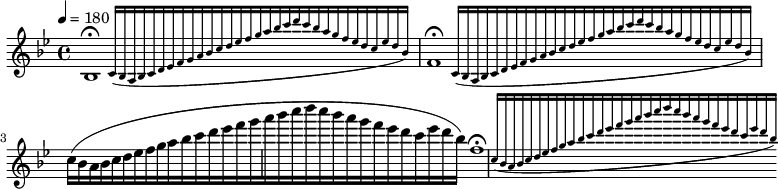 
\relative b'
{
\time 4/4
\tempo 4 =180
\key bes \major
\afterGrace bes,1 \fermata {c16 [(bes a bes c d ees f g a bes c d ees f g a bes c d c bes a g f ees d c ees d bes)]} \afterGrace f1\fermata {c16 [(bes a bes c d ees f g a bes c d ees f g a bes c d c bes a g f ees d c ees d bes)]}{c16 [(bes a bes c d ees f g a bes c d ees f g a bes c d c bes a g f ees d c ees d bes)]} \afterGrace f1\fermata {c16 [(bes a bes c d ees f g a bes c d ees f g a bes c d c bes a g f ees d c ees d bes)]}
}
