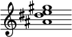 {
  % Rivin lopun pystyviiva ja tahtiosoitus piiloon.
  \override Score.BarLine.break-visibility = ##(#f #t #t)
  \override Staff.TimeSignature #'stencil = ##f
  
  <ais' dis'' e'' gis''>1
}
