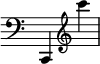 { \override Score.TimeSignature #'stencil = ##f \time 2/4 \clef bass c, \clef treble c''' }