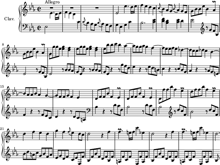 
\version "2.18.2"
\header {
 tagline = ##f
 % composer = "Domenico Scarlatti"
 % opus = "K. 192"
 % meter = "Allegro"
}

%% les petites notes
trillAesp = { \tag #'print { aes4\prall } \tag #'midi { bes32 aes bes aes~ aes8 } }
trillEesp = { \tag #'print { ees4\prall } \tag #'midi { f32 ees f ees~ ees8 } }
trillFp = { \tag #'print { f4.\prall } \tag #'midi { g32 f g f~ f4 } }

upper = \relative c'' {
 \clef treble 
 \key ees \major
 \time 2/2
 \tempo 2 = 72
 \set Staff.midiInstrument = #"harpsichord"
 \override TupletBracket.bracket-visibility = ##f

 s8*0^\markup{Allegro}
 R1*3 | ees,2 ees'4. d16 ees |
 % ms. 5
 f4 ees d c | \appoggiatura c8 bes4 aes8 g \appoggiatura bes8 aes4 g8 f | \repeat unfold 2 { g8 bes bes ees bes4 \trillAesp }
 % ms. 9
 g8 \repeat unfold 2 { g' g ees < ees g >4 < d f > | ees8 } bes' bes c bes4 aes4~ | aes8 g g aes g4 f~ |
 % ms. 13
 f8 ees ees f ees4 des~ | des8 c c des c4 bes~ | bes8 aes aes bes aes4 g~ | g8 f f g f4 ees |
 % ms. 17
 \repeat unfold 2 { d8 f f bes f4 \trillEesp } | d8 f' f bes f4 \trillEesp | d8 f f bes f4 \trillEesp |
 % ms. 21
 d4 f ees d | g f \appoggiatura f8 ees4 d8 c | \repeat unfold 2 { d2 r4 f4 | \trillFp e16 f c'4 ees, } |
 % ms. 25
 d2.*1/4

}

lower = \relative c' {
 \clef bass
 \key ees \major
 \time 2/2
 \set Staff.midiInstrument = #"harpsichord"
 \override TupletBracket.bracket-visibility = ##f

 % ************************************** \appoggiatura a16 \repeat unfold 2 { } \times 2/3 { } \omit TupletNumber 
 ees,2 \stemDown \change Staff = "upper" ees'4. d16 ees | f4 ees d \stemNeutral \change Staff = "lower" c | \appoggiatura c8 bes4 aes8 g \appoggiatura bes8 aes4 g8 f | g4 ees g c |
 % ms. 5
 bes2. < c ees >4 | < d f > < bes d > < c ees > d | ees2 \clef treble \repeat unfold 2 { r8 g8 f bes, |
 % ms. 9
 ees2 } \repeat unfold 2 { r8 bes'8 bes aes | g ees r4 } r8 g'8 f d | ees4 r4 r8 ees8 d b |
 % ms. 13
 c4 r4 r8 c8 bes g | aes4 r4 r8 aes8 g e | f4 r4 r8 f8 ees c | d4 r4 r8 d8 c a | \clef bass 
 % ms. 17
 bes4 r4 \repeat unfold 2 { r8 d8 c f, | bes2 } \clef treble r8 d'8 c f, bes2 r8 d8 c f, |
 % ms. 21
 bes8 d a c g bes f a | ees g d f c ees f, f' | \repeat unfold 2 { bes, f' bes f d f bes, f' | a, f' c f f, f' a, f' } |
 % ms. 25
 bes,8

}

thePianoStaff = \new PianoStaff <<
 \set PianoStaff.instrumentName = #"Clav."
 \new Staff = "upper" \upper
 \new Staff = "lower" \lower
 >>

\score {
 \keepWithTag #'print \thePianoStaff
 \layout {
 #(layout-set-staff-size 17)
 \context {
 \Score
 \override SpacingSpanner.common-shortest-duration = #(ly:make-moment 1/2)
 \remove "Metronome_mark_engraver"
 }
 }
}

\score {
 \keepWithTag #'midi \thePianoStaff
 \midi { }
}
