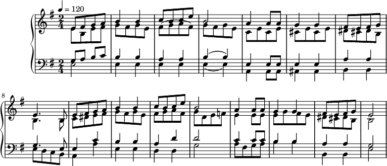 
\version "2.20.0"

\header{
title = ""
poet = ""
composer = ""
arranger = ""
tagline = ""
}

\score{


\new PianoStaff <<
\new Staff = "RH"
\relative c' {
\clef treble
\key e \minor
\time 2/4
\tempo 4=120

% tu prawa ręka
<<
   \new Voice { \stemUp \shiftOff
      e8[ fis g a] |
      b4 b |
      c8[ b c e] |
      b2 |

      a4 a8[ a] |
      g4 g |
      fis8[ e fis g] |
      e4. b8 |

      e8[ fis g a] |
      b4 b |
      c8[ b c e] |
      b2 |

      a4 a8[ a] |
      g4 g |
      fis8[ e fis g] |
      e2 |
  
   }
   \new Voice { \stemDown
      e8[ b e fis] |
      g[ fis g e] |
      fis[( g a fis]) |
      g[ fis g e] |

      c[ e c e] |
      cis[ e cis e] |
      dis[ cis dis b] |
      b4. b8 |

      c[ dis e fis] |
      g[ fis g e] |
      fis[ g a fis] |
      g[ d e f] |

      e4 e8[ e] |
      e8[ g fis e] |
      dis[ cis dis b] |
      b2 |
      
   }
>>
}
\new Staff = "LH"
\relative c {
\clef bass
\key e \minor
\time 2/4
\tempo 4=120

% tu lewa ręka
<<
   \new Voice { \stemUp \shiftOff
      g'8 a b c  |
      b4 b |
      a a |
      b^( b) |

      e,4 e8 e |
      e4 e |
      a a |
      g4. e8 |

      e4 c' |
      b b |
      a d |
      d2 |

      c4 c8[ c] |
      b4 b |
      a a |
      g2 |
   }
   \new Voice { \stemDown
      e2 |
      e4 e |
      e e |
      e_( e) |

      a,4 a8[ a] |
      ais4 ais |
      b b |
      e8[ d c b] |

      a4 a' |
      e e |
      d d |
      g2 |

      a8[ fis g a] |
      b4 b |
      b, b |
      e2 |
   }
>>
}
>>

\midi{}
\layout{}

}
