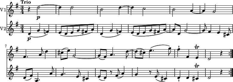 <<  \new Staff \with {       instrumentName = #"V1"     }     \relative c'' {          \version "2.18.2"         \clef "treble"          \tempo "Trio"          \key g \major         \time 3/4                  r4 d2 \p ~                   d4 d2                 b2 d4 ~                  d c2                 b2 a4 ~                  a g2                fis4. a8 d4                cis8 (e) g,2 ~                 g8 (fis) a4. d8 ~                 d (cis) e4. (g8)                fis4-! fis, e \trill                 d2 r4 \bar ":|."}\new Staff \with {         instrumentName = #"V2" }   \relative c'' {         \clef "treble"          \tempo "Trio"          \key g \major         \time 3/4          d,4\p (g f)          e8 (d e g fis! a)          d,4 (g f)          e8 (d e g fis! a~)          a d, g2 ~          g8 fis4 e cis8          d (fis) a,4. a'8          g4. e8 cis4          e8 (d) r8 fis8 (a4)          g r8 e8 (cis4)          d-! d cis \trill           d2 r4 \bar ":|." }>>