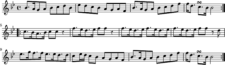 { \relative b' { \key bes \major \time 4/4 \override Score.Rest #'style = #'classical
 bes8.[ a16 g8 a] bes c d bes | ees d c bes a g a f | %end line 1
 bes8.[ a16 g8 a] bes c d f |
 f16 d8. c8.\turn bes16 bes2 \bar ":|.|:"
 c8.[ bes16 a8. bes16] c8 c r4 | %end line 2
 f8.[ ees16 d8. ees16] f8 f r4 |
 f8.[ ees16 d8. ees16] f8.[ ees16 d8. ees16] %end line 3
 f8.[ ees16 d8. ees16] f8 f r8 d |
 ees8.[ g16 f8. f16] ees8.[ ees16 d8. d16] | %end line 4
 c8 ees16 d c8 bes a g a f | bes8.[ a16 g8 a] bes c d f | %end line 5
 f16 d8. c8.\turn bes16 bes2 \bar ":|." } }