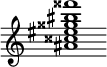 {
  % Rivin lopun pystyviiva ja tahtiosoitus piiloon.
  \override Score.BarLine.break-visibility = ##(#f #t #t)
  \override Staff.TimeSignature #'stencil = ##f
  
  <ais' cisis'' eis'' gisis'' bis'' fisis'''>1
}
