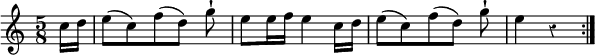 { \new Staff { \time 5/8 \override Score.Rest #'style = #'classical \partial 8 \relative c'' { \repeat volta 2 { c16 d | e8([ c) f( d)] g\staccatissimo | e8[ e16 f] e4 c16[ d] | e8[( c) f( d)] g\staccatissimo | e4 r } } } }