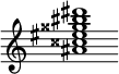 {
  % Rivin lopun pystyviiva ja tahtiosoitus piiloon.
  \override Score.BarLine.break-visibility = ##(#f #t #t)
  \override Staff.TimeSignature #'stencil = ##f
  
  <ais' cisis'' eis'' gisis'' bis'' dis'''>1
}
