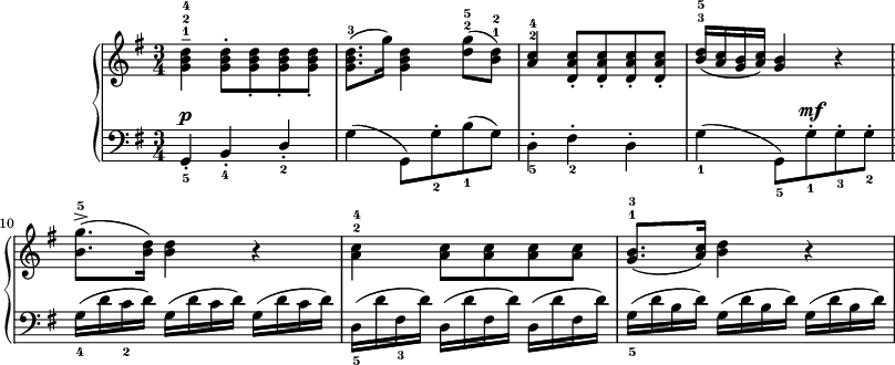 
\paper { #(set-paper-size "a2") oddHeaderMarkup = \evenHeaderMarkup }
\header { tagline = ##f }
\version "2.18.2"
\score {
\midi {  }
\layout { line-width = #400
indent = 2\cm}
\new PianoStaff <<
\new Staff = "up" { \clef "violin" \key g \major \time 3/4 \relative g' {
<g b d>4---1-2-4 <g b d>8-.[<g b d>_. <g b d>_. <g b d>_.] | <g b d>8.-3([g'16]) <g, b d>4 <d' g>8-2-5([<b d>-1-2]) | \stemUp <a c>4-2-4 <d, a' c>8-.[<d a' c>-. <d a' c>-. <d a' c>-.] | <b' d>16-3-5([<a c> <g b> <a c>]) <g b>4 r | <e g cis>-4 <e g cis>8[<e g cis> <e g cis> <e g cis>] | <fis d'>8.-1-3[<g e'>16-1-4] \stemNeutral <a fis'>4-1-5 r8 <a fis'>8-1-4 | 
<b g'>8.-2-5([<g e'>16-1-4]) <fis d'>4-2-5 <e g cis>-4 | <fis d'> r r \bar ":|.|:" <a d fis>-4 <a d fis>8[<a d fis> <a d fis> <a d fis>] | <b g'>8.^>-5([<b d>16]) <b d>4 r | <a c>-2-4 <a c>8[<a c> <a c> <a c>] | 
<g b>8.-1-3([<a c>16]) <b d>4 r | <c e>8.^>-1-3[fis16] <e g>8[<e g> <e g>-2-4 <e g>] | <d g>8.-1-3([<fis a>16]) <g b>4 r8 <d b'>-1-4 | <e c'>8.-2-5([<c a'>16-4]) <b g'>4-2-5 <a fis'>-1-4 | <b g'> r r \bar ":|."
} }
\new Staff = "down" { \clef "bass" \key g \major \time 3/4 \relative a, {
g4-._5^\p b-._4 \stemUp d-._2 | \stemNeutral g(g,8)[g'-._2 b_1(g)] | d4-._5 fis-._2 d-. | \stemDown g_1(g,8_5)[g'-._1^\mf g-._3 g-._2] | a4_1(a,8)^\<[a'-._1 a-._3 a-._2] \! | d4_1(d,8)^\<[d'-._1 d-._2 d-._1] | 
g,4_3^\> a_1\! \stemUp a,_5 | d-._1^\p a-._2 e-. \stemNeutral | d'16_5(^\f [d' c d]) d,([d' c d]) d,([d' c d]) | g,_4([d' c_2 d]) g,([d' c d]) g,([d' c d]) | d,_5([d' fis,_3  d']) d,([d' fis, d']) d,([d' fis, d']) | g,_5([d' b d]) g,([d' b d]) g,([d' b d]) | c_4([e_2 g_1 e]) c([e g e]) c([e g e]) | b_5([d_2 g_1 a,_4]) g_5([b_3 d b]) g_5([b_4 d_2 g_1]) | c,4-._3^\> d-._1\! d,-. | g-._1 d-._2 g,-. |
} }
>> }