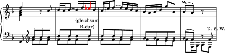 
\version "2.14.2"
\header {
  tagline = ##f
        }
upper = \relative c' {
  \override Score.TimeSignature.stencil=##f
  \key f \major
  \time 2/4
  \tempo 4 = 72
       <<
         {
           \voiceOne
           f'4 s8 c d16 c d8~ d16 f \tweak NoteHead.color #red \tweak Stem.color #red \tweak Accidental.color #red es d c e! f8~ f16 e d c bes a bes d g8 bes, bes \prall ( a) b8\rest s8
         }
         \new Voice {
           \voiceTwo
           < f a c >4 b8\rest
         }
       >>
                }

lower = \relative c' {
  \clef bass
  \key f \major
  \time 2/4

       <<
         {
           \voiceOne
          \autoBeamOff f,,8 \clef treble \autoBeamOn a''-.[ a-. a-.] bes[ bes bes^\markup { \center-column {(gleichsam B-dur)}} bes] bes[ bes a a] g[ g g g] g( f) b8\rest f
         }
         \new Voice {
           \voiceTwo
           s8 f[ f f] f[ f f f] f[ f f f] f[ f e e] f f,16 g a8 f \mark \markup { u. s. w. }
         }
       >>
}

\score {
  \new PianoStaff <<
    \new Staff = "upper" \upper
    \new Staff = "lower" \lower
  >>
  \layout {
\override Staff.TimeSignature.transparent =##t
    \context {
      \Score
      \remove "Metronome_mark_engraver"
\remove "Mark_engraver"
      \remove "Staff_collecting_engraver"
    }
    \context {
      \Staff
      \consists "Mark_engraver"
      \consists "Staff_collecting_engraver"
    }
  }
  \midi { }
}
