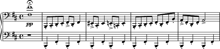 
\new PianoStaff <<
    \new Staff {
        \key b \minor
        \clef bass
        <fis fis'>1->\pp\fermata
        b,,8-.[ cis,8-. d,8-. e,8-.] fis,8-.->[ d,8-.] fis,4
        eis,8-.->[ cis,8-.] eis,4 e,8-.->[ c,8-.] e,4-.
        b,,8-.[ cis,8-. d,8-. e,8-.] fis,8-.[ d,8-. fis,8-. b,8-.]
        a,8-.->[ fis,8-. d,8-. fis,8-.] a,2->
    }

    \new Staff {
        \key b \minor
        \clef bass
        r1
        b,,4-. fis,4-. b,,4-. fis,4-.
        b,,4-. fis,4-. b,,4-. fis,4-.
        b,,4-. fis,4-. b,,4-. fis,4-.
        b,,4-. fis,4-. b,,4-. fis,4-.
    }
>>
