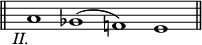 
\language "italiano"
\score {
    \relative do'' {
      \slurUp
      \cadenzaOn
      \stopStaff
      s8 
      \startStaff
      \bar "||" s4
      \override Score.Clef.break-visibility = ##(#f #f #f)
      la1_\markup { \hspace #-2 { \italic "II." }} solb( fa!) mi \bar "||"
      \cadenzaOff
    }
 \layout {
    \context { \Staff \RemoveEmptyStaves 
                      \remove Time_signature_engraver
                      \remove Clef_engraver
    }
    indent = 0\cm
    line-width = #120
    \override Score.BarNumber #'stencil = ##f
  }
  \midi { }
}
\header { tagline = ##f}
