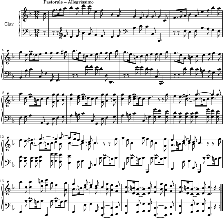 
\version "2.18.2"
\header {
 tagline = ##f
 % composer = "Domenico Scarlatti"
 % opus = "K. 446"
 % meter = "Pastorale Allegrissimo"
}

%% les petites notes
trillAccoCEesqp = { \tag #'print { < c e >8.\prall } \tag #'midi { << { c8. } \\ { f32 e f e~ e16 } >> } }
trillCqp = { \tag #'print { c8.\prall } \tag #'midi { d32 c d c~ c16 } }
trillEqp = { \tag #'print { e8.\prall } \tag #'midi { f32 e f e~ e16 } }

upper = \relative c'' {
 \clef treble 
 \key f \major
 \time 12/8
 \tempo 4. = 72
 \set Staff.midiInstrument = #"harpsichord"
 \override TupletBracket.bracket-visibility = ##f

 \repeat volta 2 {
\partial 8
 s8*0^\markup{Pastorale – Allegrissimo}
 c8 | f8. g16 a8 bes4 a8 d4 c8 e,4 f8 | bes,4 a8 g4 f8 g4 g8 g4 c,8 | f8. g16 a8 bes4 a8 e'4 f8 bes4 a8 |
 % ms. 4
 g4 d8 \trillEqp d16 e8 f4 f8 f4 gis8 | a8. f16 cis8 d4 e8 f4 f8 f4 a8 | g8. e16 b8 c4 d8 e4 e8 e4 g8 | f8. d16 a8 b4 c8 d4 e8 f4 e8 |
 % ms. 8
 a4 d,8 \trillEqp b16 c8 d4 < g, g' >8 < a g' >4 < b g' >8 | < c g' >4 < d f >8 \trillAccoCEesqp d16 c8 d4 < g, g' >8 < a g' >4 < b g' >8 | < c g' >4 < d f >8 \trillAccoCEesqp d16 c8 d4. r8 r8 g8 |
 % ms. 11
 f4 e8 << { fis4. g4.~ g4 g8 } \\ { c,4.~ c8. b16 c8 d4. } >> | f4 e8 << { fis4. g4.~ g4 a8~ | a8. g16 f8 e4 d8 c4. } \\ { c4.~ c8. b16 c8 d4 b8 | c4.~ c4 b8 c4. } >> r8 r8 g'8 |
 % ms. 14
 a4f8 c4 a'8 g4 e8 c4 <g g' >8 | << { f'4 e8~ e4 d8 c4. } \\ { a8. b16 c8~ c4 b8 c4. } >> r8 r8 g'8 a4 c,8 <c a' >4 < d b' >8 < e c' >4 g8 e4 | < g, g' >8 |
 % ms. 17
 << { f'4 e8~ e4 d8 c4 } \\ { a8. b16 c8~ c4 b8 c4 } >> < a f' >8 < g e' >4 < f d' >8 | < e c' >8. < d b' >16 < c a' >8~ q4 < d b' >8 < e c' >4 < a f' >8 < g e' >4 < f d' >8 | < e c' >8. < d b' >16 < c a' >8~ q4 \tempo 4. = 52 < d b' >8 \tempo 4. = 35 < c c' >4. r4 \tempo 4. = 72 }%repet

}

lower = \relative c' {
 \clef bass
 \key f \major
 \time 12/8
 \set Staff.midiInstrument = #"harpsichord"
 \override TupletBracket.bracket-visibility = ##f

 \repeat volta 2 {
 % ************************************** \appoggiatura a16 \repeat unfold 2 { } \times 2/3 { } \omit TupletNumber 
 r8 | r8 r8 \clef treble f8 e4 f8 bes4 a8 g4 f8 | e4 f8 \clef bass bes,4 d8 c4 c,8 c,4. | r8 r8 f' e4 f8 bes4 a8 g4 f8 |
 % ms. 4
 bes,4 bes'8 c4 c,8 f4 f,8 f4. | r8 r8 f''8 f4 e8 d4 d,8 d,4. | r8 r8 e''8 e4 d8 c4 c,8 c,4. | r8 r8 d''8 d4 c8 b4 a8 g4 c8 | 
 % ms. 8
 f,4 g8 a4 a,8 g4 e'8 f4 g8 | a4 b8 c4 c,8 g4 e'8 f4 g8 | a4 b8 c4 c,8 g'4 < g g' >8 < g f' >4 < g e' >8 |
 % ms. 11
 < g d' >4 < g c >8 q4 q8 < g d' >4 < g g' >8 < g f' >4 < g e' >8 | < g d' >4 < g c >8 q4 q8 < g d' >4 < g g' >8 q4 < f f' >8 | < e e' >4 f8 g4 g,8 c4 c'8 \trillCqp b16 c8 |
 % ms. 14
 f,,4 c''8 \trillCqp b16 c8 c,,4 c''8 \trillCqp b16 c8 | f,,4 f'8 g4 g,8 c,4 c''8 \trillCqp b16 c8 | f,,4 c''8 \trillCqp b16 c8 c,,4 c''8 \trillCqp b16 c8 |
 % ms. 17
 f,,4 f'8 g4 g,8 \repeat unfold 2 { < c, c' >4.~ q4 < d d' >8 | < e e' >4 < f f' >8 < g g' >4 q8 } < c, c' >4. r4 }%repet 

}

thePianoStaff = \new PianoStaff <<
 \set PianoStaff.instrumentName = #"Clav."
 \new Staff = "upper" \upper
 \new Staff = "lower" \lower
 >>

\score {
 \keepWithTag #'print \thePianoStaff
 \layout {
 #(layout-set-staff-size 17)
 \context {
 \Score
 \override SpacingSpanner.common-shortest-duration = #(ly:make-moment 1/2)
 \remove "Metronome_mark_engraver"
 }
 }
}

\score {
 \unfoldRepeats 
 \keepWithTag #'midi \thePianoStaff
 \midi { }
}
