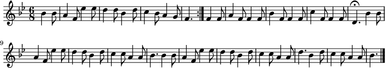 
\relative c'' {
  \key bes \major
  \time 6/8
  \partial 4.
  \autoBeamOff
  \repeat volta 2 {
    bes4 bes8
    a4 f8 es'4 es8
    d4 d8 bes4 d8
    c4 bes8 a4 g8
    f4.
  }
  f4 f8
  a4 f8 f4 f8
  bes4 f8 f4 f8

  c'4 f,8 f4 f8
  d4.\fermata bes'4 bes8
  a4 f8 es'4 es8
  d4 d8 bes4 d8
  c4 c8 a4 a8
  bes4. bes4 bes8
  a4 f8 es'4 es8

  d4 d8 bes4 d8
  c4 c8 a4 a8
  d4. bes4 d8
  c4 c8 a4 a8
  bes4.
  \bar "|."
}
