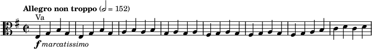 <<
 \new Staff \with {midiInstrument = "viola"} {
 \relative c {
 \clef alto
 \tempo "Allegro non troppo" 2 = 152
 \key g \major
 \time 2/2
 e4^"Va"-\markup{\dynamic f \italic { marcatissimo }} g b g |
 e g b g |
 a b a b |
 g a g a |
 fis g a g |
 fis g a g |
 fis g a b |
 c d c d |
 }
 }
>>