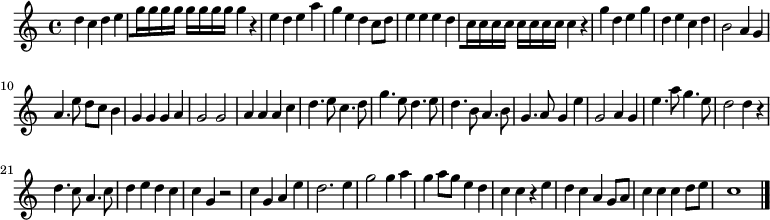 {
#(set-default-paper-size "a7")
#(set-global-staff-size 12)
\once \omit Score.MetronomeMark
\tempo 2 = 108
\time 4/4
\override Score.SpacingSpanner #'common-shortest-duration = #(ly:make-moment 1 2)
\relative c'' {d4 c d e [g16 g g g] g g g g g4 r e4 d e a g e d c8 d
e4 e e d [c16 c c c] c c c c c4 r g' d e g d e c d b2 a4 g
a4. e'8 d c b4 g g g a g2 g a4 a a c d4. e8 c4. d8
g4. e8 d4. e8 d4. b8 a4. b8 g4. a8 g4 e' g,2 a4 g e'4. a8 g4. e8
d2 d4 r d4. c8 a4. c8 d4 e d c c g r2 c4 g a e' d2. e4
g2 g4 a g4 a8 g e4 d c c r e d c a g8 a c4 c c d8 e c1
}\bar "|."
}
