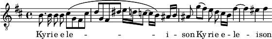 
<<
\new Staff \with {
    \remove "Slur_engraver"
    \remove "Phrasing_slur_engraver"
} \relative b {
\override Score.SpacingSpanner.common-shortest-duration = #(ly:make-moment 1/2)
    \clef "treble_8"
    \key b \minor
    \autoBeamOff
    b8. b16 b8 b cis_[( g fis cis'] |
    d8[ g, fis dis'] e16[ d c8~] c16[ b]) ais[ b] |
    ais8 g'[( fis]) e d cis16[ b] fis'4~ |
    fis4 eis fis
} \addlyrics {
%\override LyricHyphen.minimum-distance = #0.1   %default=0.1
\override LyricHyphen.minimum-length = #0.7   %default=0.3
    Ky -- ri -- e e -- le -- i -- son
    Ky -- ri -- e e -- le -- i -- son
}
>>
