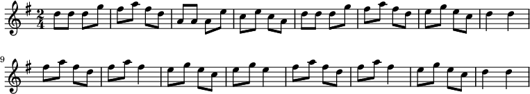 
{
  \key g \major
  \time 2/4
  d''8 d''8 d''8 g''8 fis''8 a''8 fis''8 d''8 a'8 a'8 a'8 e''8 c''8 e''8 c''8 a'8 d''8 d''8 d''8 g''8 fis''8 a''8 fis''8 d''8 e''8 g''8 e''8 c''8 d''4 d''4
  fis''8 a''8 fis''8 d''8 fis''8 a''8 fis''4 e''8 g''8 e''8 c''8 e''8 g''8 e''4 fis''8 a''8 fis''8 d''8 fis''8 a''8 fis''4 e''8 g''8 e''8 c''8 d''4 d''4
}
