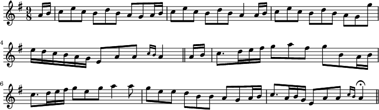 { \set Staff.midiInstrument = #"orchestral harp" \time 9/8 \key g \major \partial 8 \relative a' { a16 b | c8 e c b d b a g a16 b | c8 e c b d b a4 a16 b | c8 e c b d b a g g' | e16 d c b a g e8 a a \grace { c16[ b] } a4 \bar "||" a16 b | c8. d16 e fis g8 a fis g b, a16 b | c8. d16 e fis g8 e g a4 a8 | g e e d b b a g a16 b | c8. a16 b g e8 a a \grace { c16[ b] } a4\fermata \bar "||" } }