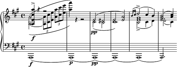 
	\ new PianoStaff << \ new Staff = "r" << \ clef "violin" \ key a \ major \ new Voice {\ voiceOne \ relative {<ae 'cis' a '> 4 \ f \ accent r r2 s1 e '2 (dis e2 <ea>) << {\ grace {b'16 (cis} d2 \ accent) (cis4 b)} \\ gis1 e >> << e2.  {<gis b> 2 (<a cis> 4)} >>}} \ new Voice {\ voiceTwo \ relative {<a ~ a '~> 2^(_ (\ tuplet 3/2 {<a a'> 8 <cis cis '> <e e'>} \ tuplet 3/2 {<a a '> <cis cis'> <e e '>} <a a'> 4)) r r2 cis ,, 2 \ pp (b cis1) b2 \ accent (cis4 d) d2 (cis4)}} >> \ new Staff = "l" << \ clef "bas" \ key a \ major \ new Voice {\ relative {a ,, 1 \ f (a \ p) (a \ pp) (a) (a) (a2.)}} >> >>
