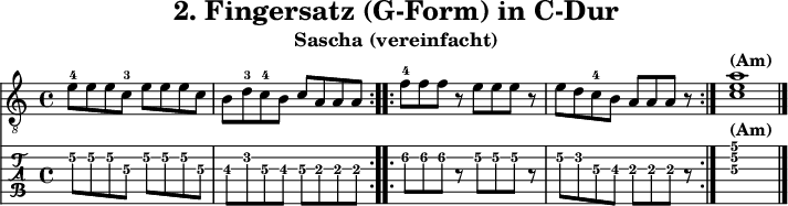 
\version "2.20.0"
\header {
  title="2. Fingersatz (G-Form) in C-Dur"
  subtitle="Sascha (vereinfacht)"
}
%% Diskant- bzw. Melodiesaiten
Diskant = \relative c' {
  \set TabStaff.minimumFret = #2
  \set TabStaff.restrainOpenStrings = ##t
  \key c \major
  \repeat volta 2 {
    e8-4 e e c-3 e e e c |
     b d-3 c-4 b c a a a |
  }
  \repeat volta 2 {
    f'-4 f f r e e e r |
     e d c-4 b a a a r |
  }
  \set TabStaff.minimumFret = #5
  <c e a>1^\markup { \bold {(Am)} }
  \bar "|."
 }

%% Layout- bzw. Bildausgabe
\score {
  <<
    \new Voice  { 
      \clef "treble_8" 
      \time 4/4  
      \tempo 4 = 60 
      \set Score.tempoHideNote = ##t
      \Diskant 
    }
    \new TabStaff { \tabFullNotation \Diskant }
  >>
  \layout {}
}

%% Midiausgabe mit Wiederholungen, ohne Akkorde
\score {
  <<
    \unfoldRepeats {
      \new Staff  <<
        \tempo 4 = 120
        \time 4/4
        \set Staff.midiInstrument = #"acoustic guitar (nylon)"
        \clef "G_8"
        \Diskant
      >>
    }
  >>
  \midi {}
}
%% unterdrückt im raw="!"-Modus das DinA4-Format.
\paper {
  indent=0\mm
  %% DinA4 = 210mm - 10mm Rand - 20mm Lochrand = 180mm
  line-width=180\mm
  oddFooterMarkup=##f
  oddHeaderMarkup=##f
  % bookTitleMarkup=##f
  scoreTitleMarkup=##f
}
