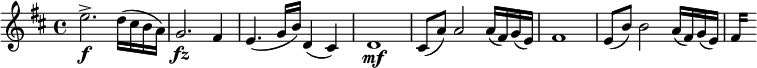 {\ e relativa '' {\ tecla d \ mayor \ tiempo 4/4 e2 .-> \ f d16 (cis ba) |  g2.  \ fz fis4 |  e4. (g16 b) d, 4 (cis) |  d1 \ mf |  c sostenido8 (a ') a2 a16 (f sostenido) g (e) |  f sharp1 |  e8 (b ') b2 a16 (f sostenido) g (e) |  \ set stemLeftBeamCount = # 0 fis16 [] s}} \ layout {\ context {\ Score \ override SpacingSpanner.common-shortest-duration = # (ly: make-moment 1/8)}}

