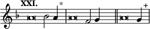 
\language "français" % pour avoir du sol, la etc...
\relative {  \key re \minor \tempo "XXI."   
            \set Score.tempoHideNote = ##t \tempo 4 = 200 \cadenzaOn % rythme pour le midi, retrait des barre auto
            \override Score.TimeSignature.stencil = ##f %Enlève la clef de Do
            \override Score.SpacingSpanner.common-shortest-duration = #(ly:make-moment 1 2) %Espace entre les notes 1/2 c’est bien.
la'\breve sib2 la4 s2^"*"\bar "|" 
la\breve fa2 sol4  s2\bar "||"
la\breve sol4  s2^"+"\bar "|"
\cadenzaOff }
