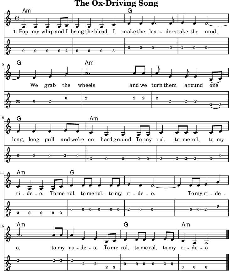 
\version "2.20.0"
\header {
 title = "The Ox-Driving Song"
 % subtitle = "MeinSubtitle"
 % poet = "Texter"
 % composer = "Komponist"
 % arranger = "arr: ccbysa: Wikibooks (mjchael)"
}

myKey = {
  \clef "treble"
  \time 4/4
  \tempo 4 = 120
  %%Tempo ausblenden
  \set Score.tempoHideNote = ##t
  \key a\minor
}

%% Akkorde
%% 4/4-Schlag 
%% 1 . 2 . 3 . 4 .
myG  = \chordmode { g,,4  g,  g,,  g, }
myAm  = \chordmode { a,,4:m a,:m a,,:m a,:m }

myChords = \chordmode {
  \set Staff.midiInstrument = #"acoustic guitar (nylon)"
  %% Akkorde nur beim Wechsel notieren
  \set chordChanges = ##t
  % \partial 4 s4
  \myAm \myAm \myG  \myG 
  \myG \myAm \myAm \myG \myAm
  \myAm \myAm \myG  \myG
  \myG \myAm \myAm \myG \myAm
}

myMelody = \relative c'' {
  \myKey
  \set Staff.midiInstrument = #"trombone"
  \relative c'{ 
    a4 a a a8 b | a4 a a c | 
    d d d4. 8 | e4 d d2~ | 
    d4 d e g | a2. a8 8 | 
    8 e4 8 4 b8( c) | d4 4 4 e8 d |
    c4 a a a8 8 |
    c4 c8 8 4 8 d | c4 a a a8 c
    d4 8 8 4 8 8 | e4 d4 2~ |
   4 8 8 e4  g | a2. 8 8 | 
    4 e e b8 c | d4 8 8 4 e8 d |
    c4 a a2 
    \bar "|."
  }
}

myLyrics = \lyricmode {
  \set stanza = "1."
   Pop my whip and I bring the blood. I make the lea -- ders take the mud;
   We grab the wheels and we turn them a -- round one long, long pull and we're on hard ground.
  To my rol, to me rol, 
  to my ri -- de -- o. 
  To me rol, to me rol, 
  to my ri -- de -- o. 
  To my ri -- de -- o, to my ru -- de -- o. To me rol, to me rol, to my ri -- de -- o
}

\score {
  <<
    \new ChordNames { \myChords }
    \new Voice = "mySong" { \myMelody }
    \new Lyrics \lyricsto "mySong" { \myLyrics }
  \new TabStaff { \transpose c c, { \myMelody }} 
  >>
  \layout { }
}

\score {
  <<
    \new ChordNames { \myChords }
    \new Voice = "mySong" { \myMelody }
    \new Lyrics \lyricsto "mySong" { \myLyrics }
  % \new TabStaff { \myChords } %% Check 
  >>
  \midi { }
}

%% unterdrückt im raw="1"-Modus das DinA4-Format.
\paper {
  indent=0\mm
  %% DinA4 0 210mm - 10mm Rand - 20mm Lochrand = 180mm
  line-width=180\mm
  oddFooterMarkup=##f
  oddHeaderMarkup=##f
  % bookTitleMarkup=##f
  scoreTitleMarkup=##f
}
