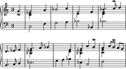 
\language "italiano"
porteeA = \relative do'' {
   << { \voiceOne
       \partial 4 sol4_\mordent | sol2 la4 | sib2 do4 | fa,2 fa4 | sib4. do8\mordent re4 | \break
       \override Score.Clef.break-visibility = ##(#f #f #f)
       \override Score.KeySignature.break-visibility = ##(#f #f #f)
       re,4. mib8 fa4 | sol4. la8 sib4 | s2 fa4 | sol do si\mordent | la4 do8[ si\mordent] la[ sol] | 
      } 
     \new Voice { \voiceTwo 
       \partial 4 s4 | <mib do>4 s2 | s2. | re4 s2 | <fa re>4 s2 | \break
       s2. | <mib sib>4 s2 | s2 re4 |<mib sib>4 s2 | <fa do>4 s2
     }
   >>
}
porteeB = \relative do {
     \partial 4 s4 | \once \stemDown do2 fa4 | sol2 la4 | sib2 sib,4 | sib'2. | \break
     si,4. do8 \once \stemUp re4 | mib2. | sol4 la sib | mib, do2 | fa2 s4 |
}
\score {
  \new PianoStaff <<
    \new Staff <<
      \clef treble \override Staff.TimeSignature.style = #'single-digit \time 3/4 { \porteeA }
    >>
    \new Staff <<
      \clef bass   \override Staff.TimeSignature.style = #'single-digit \time 3/4 { \porteeB }
    >>
  >>
  \layout {
    \context { \Staff \RemoveEmptyStaves }
    indent = 0\cm
    \override Score.BarNumber #'stencil = ##f
    line-width = #120
  }
  \midi { }
}
\header { tagline = ##f}
