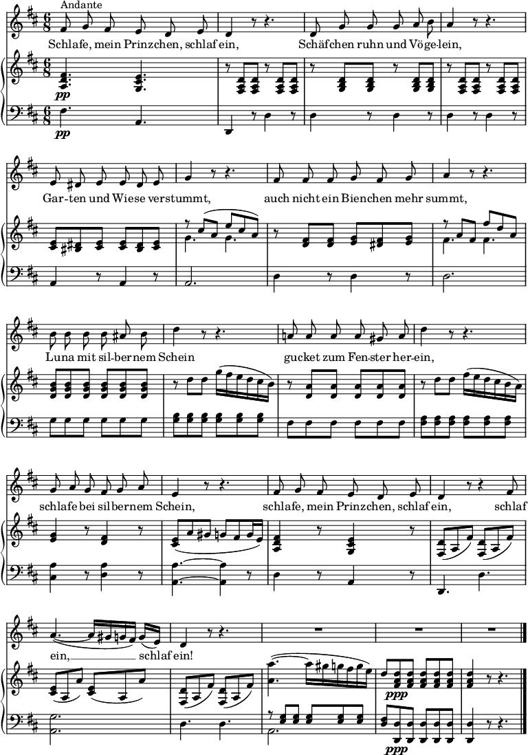 
\header { tagline = ##f }
\layout { indent = 0\cm \context { \Score \remove "Bar_number_engraver" } }

global = {
 \key d \major
 \time 6/8
% \tempo "Andante"
}

sopranoVoice = \relative c'' { \set Score.tempoHideNote = ##t \tempo 4. = 52
 \global
 \dynamicUp \autoBeamOff
 fis,8^"Andante" g fis e d e | d4 r8 r4. |
 d8 g g g a b | a4 r8 r4. |
 e8 dis e e dis e | g4 r8 r4. |
 fis8 fis fis g fis g | a4 r8 r4. |
 b8 b b b ais b | d4 r8 r4. |
 a!8 a a a gis a | d4 r8 r4. |
 g,8 a g fis g a | e4 r8 r4. |
 fis8 g fis e d e | \tempo 4. = 48 d4 r8 r4 fis8 |
 a4.~ (a16 [gis g fis]) g ([e]) | \tempo 4. = 52 d4 r8 r4. | R2.*3 | \bar "|."
}

verse = \lyricmode {
 Schla -- fe, mein Prinz -- chen, schlaf ein,
 Schäf -- chen ruhn und Vö -- ge -- lein,
 Gar -- ten und Wie -- se ver -- stummt,
 auch nicht ein Bien -- chen mehr summt,
 Lu -- na mit sil -- ber -- nem Schein
 gu -- cket zum Fen -- ster her -- ein,
 schla -- fe bei sil -- ber -- nem Schein,
 schla -- fe, mein Prinz -- chen, schlaf ein,
 schlaf ein, __ schlaf ein!
}

rightOne = \relative c'' {
 \global
 <a, d fis>4.\pp <g cis e> | r8 <fis a d>8 <fis a d> r8 <fis a d> <fis a d> |
 r <g b d> <g b d> r8 <g b d> <g b d> | r8 <fis a d> <fis a d> r8 <fis a d> <fis a d> |
 <cis' e> <bis dis> <cis e> <cis e> <bis dis> <cis e> | r8 cis' (a e' cis a) |
 r8 <d, fis> <d fis> <e g> <dis fis> <e g> | r8 a fis fis' d a |
 <d, g b> <d g b> <d g b> <d g b> <d g b> <d g b> | r8 \stemDown d' d g16 (fis e d cis b) |
 r8 \stemNeutral <d, a'> <d a'> <d a'> <d a'> <d a'> | r8 d' d fis16 (e d cis b a) |
 <e g>4 r8 <d fis>4 r8 | \slurDown <e cis> (a gis g fis g16 e) |<a, d fis>4 r8 <g cis e>4 r8 |
 <fis d'> (a fis') <fis, d'> (a fis') | <cis e> (a a') <cis, e> (a a') | <fis, d'> (a fis') <fis, d'> (a fis') |
 \slurUp <a a'>4.~ (a'16 gis g fis g e) | d8 <d a fis>\ppp <d a fis> <d a fis> <d a fis> <d a fis> | <d a fis>4 r8 r4. |
}

rightTwo = \relative c'' {
 \global
 s4. s4. | r8 s4 r8 s4 | r8 s4 r8 s4 | r8 s4 r8 s4 | s4. s4. g4. g4. |
 r8 s4 s4. | fis4. fis4. | s4. s4. | r8 s4 s4. | r8 s4 s4. | r8 s4 s4. | s4 r8 s4 r8 |
 s2. | s4 r8 s4 r8 | s2. | s2. | s2. | s2. | s2. | s4 r8 r4. |
}

leftOne = \relative c {
 \global
 \stemNeutral fis4.\pp a, | d,4 r8 d'4 r8 | d4 r8 d4 r8 | d4 r8 d4 r8 |
 a4 r8 a4 r8 | a2. | d4 r8 d4 r8 | d2. |
 g8 g g g g g | <b g> <b g> <b g> <b g> <b g> <b g> |
 fis fis fis fis fis fis | <a fis> <a fis> <a fis> <a fis> <a fis> <a fis> |
 <a cis,>4 r8 <a d,>4 r8 | <a a,>4.~ <a a,>4 r8 | d,4 r8 a4 r8 | d,4. d'4. |
 <g a,>2. | d4. d4. | r8 \stemUp <g e> <g e> <g e> <g e> <g e> | <fis d> <d d,>\ppp <d d,> <d d,> <d d,> <d d,> | <d d,>4 r8 r4. |
}

leftTwo = \relative c' {
 \global
 s2. | s4 r8 s4 r8 | s4 r8 s4 r8 | s4 r8 s4 r8 |
 s4 r8 s4 r8 | s2. | s4 r8 s4 r8 | s2. | s2. | s2. | s2. | s2. |
 s4 r8 s4 r8 | s4. s4 r8 | s4 r8 s4 r8 | s2. | s2. | s2. | a,2. | s2. | s4 r8 r4. |
}

sopranoVoicePart = \new Staff \with {
 midiInstrument = "clarinet"
} { \sopranoVoice }
\addlyrics { \verse }

instrPart = \new PianoStaff <<
 \new Staff = "right" \with {
 midiInstrument = "acoustic guitar (nylon)" \consists "Merge_rests_engraver"
 } << \rightOne \\ \rightTwo >>
 \new Staff = "left" \with {
 midiInstrument = "acoustic guitar (nylon)" \consists "Merge_rests_engraver"
 } { \clef bass << \leftOne \\ \leftTwo >> }
>>
\score {
 <<
 \sopranoVoicePart
 \instrPart
 >>
 \layout { }
 \midi { }
}
