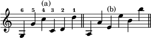 { \override Score.TimeSignature #'stencil = ##f \time 6/4 \relative g { g4^6 g'^5 c^4^"(a)" c,^3 d^2 d'^1 \bar "||" a, a' e^"(b)" e' b b' \bar "||" } }