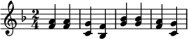 {\set Staff.midiInstrument = #"pianino elektryczne 1" \key f \major \time 2/4 <a' f'>4 <a' f'> <g' c'> <f' bes> <bes' g'> <bes' g'> <a' f'> <g' c'>}