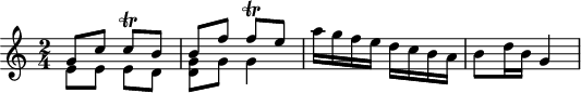 
\header {
 tagline = ##f
}

\score {
 \new Staff \with {

 }
<<
 \relative c'' {
 \key c \major
 \time 2/4
 \override TupletBracket #'bracket-visibility = ##f 
 %\autoBeamOff

 %%%%%%%%%%%%%%%%%%%%%%%%%% K15b/ K. Anh. 109b n° 2
 << { g8 c c\trill b b f' f\trill e } \\ { e,8 e e d < g d >8 g g4 } >>
 a'16 g f e d c b a b8 d16 b g4

 }
>>
 \layout {
 \context {
 \remove "Metronome_mark_engraver"
 }
 }
 \midi {}
}
