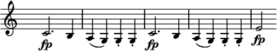 
\language "italiano"
melody = \relative do' {
  \clef treble
  \key do \major
  \time 4/4
  \override Staff.TimeSignature.transparent = ##t
    \repeat unfold 2 { do2.\fp si4 | la( sol) sol-. sol-. } | mi'2\fp  
}
\score {
  <<
    \new Voice = "mel"
    {  \melody }
  >>
  \layout {
    \context { \Staff \RemoveEmptyStaves }
    indent = 0.5\cm
    \override Score.BarNumber #'stencil = ##f
    line-width = #120
    \set fontSize = #-1
  }
}
\header { tagline = ##f}