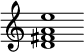 {
  % Rivin lopun pystyviiva ja tahtiosoitus piiloon.
  \override Score.BarLine.break-visibility = ##(#f #t #t)
  \override Staff.TimeSignature #'stencil = ##f
  
  <d' fis' a' e''>1
}
