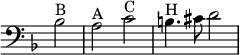 { \override Score.TimeSignature #'stencil = ##f \time 4/4 \key d \minor \clef bass \partial 2 \relative b { bes2^"B" | a^"A" c^"C" | b4.^"H" cis8 d2 | } }