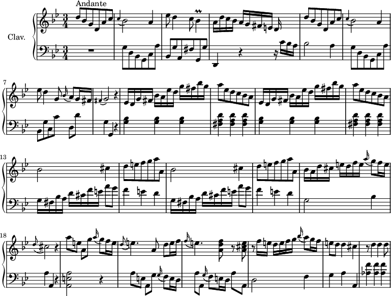 
\version "2.18.2"
\header {
 tagline = ##f
 % composer = "Domenico Scarlatti"
 % opus = "K. 234"
 % meter = "Andante"
}

%% les petites notes
trillBes = { \tag #'print { bes4\prall } \tag #'midi { c32 bes c bes~ bes8 } }

upper = \relative c'' {
 \clef treble 
 \key g \minor
 \time 3/4
 \tempo 4 = 88
 \set Staff.midiInstrument = #"harpsichord"
 \override TupletBracket.bracket-visibility = ##f

 s8*0^\markup{Andante}
 d8 bes g d a' c | \appoggiatura c4 bes2 a4 | ees'8 d4 c8 \trillBes | a16 d c bes a g fis e d s16 s8 |
 % ms. 5
 d'8 bes g d a' c | \appoggiatura c4 bes2 a4 | ees'8 d4 g,8 \appoggiatura bes16 a8 g16 fis | \appoggiatura fis4 g2 r4 |
 % ms. 9
 \repeat unfold 2 { ees16 d g fis bes a ees' d g fis bes g | a8 ees d c bes a } | 
 % ms. 13
 \repeat unfold 2 { bes2 cis4 | d8 e f g a a, }
 % ms. 17
 bes16 a d cis e d f e \appoggiatura a16 g8 f16 e | \appoggiatura d8 cis2 r4 | a'8 e a, g' \appoggiatura a16 g8 f16 e | \appoggiatura d8 e4. a,8 d e16 f |
 % ms. 21
 \appoggiatura f16 e4. < a, d f >8 r8 < a cis e > | r8 f'16 e d e f g \appoggiatura bes16 a8 g16 f | e8 d d4 cis | r8 d4 d d8~ |

}

lower = \relative c' {
 \clef bass
 \key g \minor
 \time 3/4
 \set Staff.midiInstrument = #"harpsichord"
 \override TupletBracket.bracket-visibility = ##f

 % ************************************** \appoggiatura a16 \repeat unfold 2 { } \times 2/3 { } \omit TupletNumber 
 R2. | g8 d bes g c a' | bes, g' a, fis' g, g' | d,4 r4 r16 c''16 bes a |
 % ms. 5
 bes2 a4 | g8 d bes g c a' | bes, g' c, c' d,[ d'] | g,4 g, r4 | 
 % ms. 9
 \repeat unfold 2 { < g' bes >4 q q | < fis a d > q q }
 % ms. 13
 \repeat unfold 2 { g16 fis bes a d cis f e a8 g | f4 e d } | 
 % ms. 17
 g,2 bes4 | a a, r4 | < a e' a >2 r4 | a'8 e a, g' \appoggiatura g16 f8 e16 d |
 % ms. 21
 a'8 a, \appoggiatura g'16 f8 e16 d a'8 a, | d2 f4 | g a a, | < aes' f' > q q |

}

thePianoStaff = \new PianoStaff <<
 \set PianoStaff.instrumentName = #"Clav."
 \new Staff = "upper" \upper
 \new Staff = "lower" \lower
 >>

\score {
 \keepWithTag #'print \thePianoStaff
 \layout {
 #(layout-set-staff-size 17)
 \context {
 \Score
 \override SpacingSpanner.common-shortest-duration = #(ly:make-moment 1/2)
 \remove "Metronome_mark_engraver"
 }
 }
}

\score {
 \keepWithTag #'midi \thePianoStaff
 \midi { }
}
