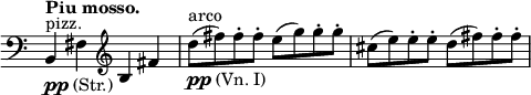 
\relative c' \new Staff \with { \remove "Time_signature_engraver" } {
 \key c \major \time 2/2 \tempo "Piu mosso." \clef bass
  b,4_\markup { \dynamic pp (Str.) } ^\markup pizz. fis' \clef treble b fis'
  d'8_\markup { \dynamic pp (Vn. I) } ^\markup arco ( fis) fis-. fis-. e( g) g-. g-. cis,( e) e-. e-. d( fis) fis-. fis-.
}
