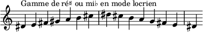  {
\override Score.TimeSignature #'stencil = ##f
\relative c' {
 \clef treble \time 7/4
 dis4^\markup { Gamme de ré♯ ou mi♭ en mode locrien } e fis gis a b cis dis cis b a g fis e dis
} }
