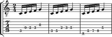 
\layout { \omit Voice.StringNumber }
\new StaffGroup <<
   \new Staff \relative c {
     \clef "treble_8"
     \time 2/4
     c16 d e f g4
     c,16\5 d\5 e\4 f\4 g4\4
     c,16 d e f g4
   }
   \new TabStaff \relative c {
     c16 d e f g4
     c,16\5 d\5 e\4 f\4 g4\4
     \set TabStaff.minimumFret = #5
     \set TabStaff.restrainOpenStrings = ##t
     c,16 d e f g4
   }
>>
