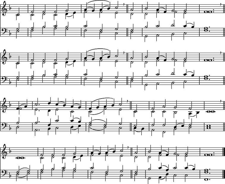 
<< << \ new Staff {\ clef treble \ time 4/2 \ partial 2 \ key f \ major \ set Staff.midiInstrument = "órgão da igreja" \ omitir Staff.TimeSignature \ set Score.tempoHideNote = ## t \ override Score.BarNumber # 'transparent = ## t \ relative c' \ repeat unfold 2 {<< {c2 |  fffg |  a4 \ ((g) a (bes) \) c2 \ respire \ bar "||"  a |  bes a4 (f) g2 g f1.  \ respire \ bar "||"  \ break} \\ {c2 |  cdc d4 (e) |  f2 alimentado |  dffe |  f1.  } >>} \ relative c '{<< {f4 (a) |  c2.  d4 c (bes) a (g) |  f (ga bes) c2 \ respire \ bar "||"  c, |  fagf |  c1 \ respire \ bar "||"  \ break c1 |  f2 ffg |  a4 (g) a (bes) c2 \ respire \ bar "||"  a |  bes a4 (f) g2 g |  f1.  \ bar "|."  } \\ {f2 |  e2.  d4 e2 c |  c (f) ec |  cc bes a4 (bes) |  c1 c1 |  c2 dc d4 (e) |  f2 alimentado |  dffe |  f1.  } >>}} %% \ new Lyrics \ lyricsmode {coloque as letras aqui se você insistir} \ new Staff {\ clef bass \ key f \ major \ set Staff.midiInstrument = "órgão da igreja" \ omit Staff.TimeSignature \ relative c '\ repeat unfold 2 {<< {g2 |  a bes c bes |  cf, gf |  bes cd c4 (bes) |  a1.  } \\ {e2 |  f bes ag |  fdcd |  g, a bes c |  f1.  } >>} \ relative c '{<< {a2 |  a2.  f4 c'2 c4 (bes) |  a2 (f) ge |  ff d4 (e) f2 |  e1 f2 (g) |  a bes c bes |  cf, gf |  bes c4 (a) c2 c4 (bes) |  a1.  } \\ {d, 2 |  a2.  bes4 c2 d4 (e) |  f2 (d) c c4 (bes) |  a2 f bes d |  c1 d2 (e) |  f bes ag |  fdcd |  g, a4 (d) c2 c |  <ff,> 1.  } >>}} >> >> \ layout {indent = # 0} \ midi {\ tempo 2 = 80}
