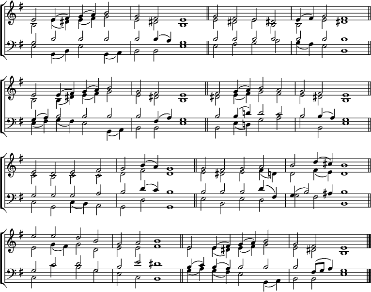 
\new ChoirStaff <<
  \new Staff { \clef treble \time 4/2 \key e \minor \set Staff.midiInstrument = "church organ" \omit Staff.TimeSignature \set Score.tempoHideNote = ##t \override Score.BarNumber  #'transparent = ##t 
  \relative c'
  << { e2 e4( fis) g( a) b2 | g fis e1 \bar"||" g2 fis e dis! | e4( fis) g2 fis1 \bar"||" \break
       e2 e4( fis) g( a) b2 | g fis e1 \bar"||" fis2 g4( a) b2 a | g fis e1 \bar"||" \break
       e2 d e fis | g b4( a) g1 \bar"||" g2 fis g a | b d4( cis) b1 \bar"||" \break
       e2 e d b | g a b1 \bar"||" e,2 e4( fis) g( a) b2 | g fis e1 \bar"|." } \\
  { b2 e4( dis) e( fis) g2 | e dis b1 | e2 dis e b | b e dis1 |
    b2 b4( dis) e( fis) g2 | e dis b1 | dis2 e4( fis) g2 fis | e dis b1 |
    c2 b c c | d fis d1 | e2 dis e fis4( d) | d2 fis4( e) d1 |
    e2 g4( fis) g2 d | e e fis1 | e2 e4( dis) e( fis) g2 | e dis b1 } >>
  } 
\new Staff { \clef bass \key e \minor \set Staff.midiInstrument = "church organ" \omit Staff.TimeSignature \override Staff.NoteHead.style = #'altdefault
  \relative c'
  << { g2 b b b | b b4( a) g1 | b2 b b b | b b b1 |
       g4( a) b2 b b | b fis4( a) g1 | b2 b4( d!) d2 c | b b4( a) g1 |
       g2 g g a | b d4( c) b1 | b2 b b d4( fis,) | g4( b2) ais4 b1 |
       g2 c d g, | b e dis1 | b4( c) b( a) b2 b | b fis8( g a4) g1 } \\
  { e2 g,4( b) e2 g,4( a) | b2 b e1 | e2 fis g a | g4( fis) e2 b1 |
    e4( fis) g( fis) e2 g,4( a) | b2 b e1 | b2 e4( d!) g2 a | b b, e1 |
    c2 g c4( b) a2 | g d' g,1 | e'2 b e d | g fis b,1 |
    c2 c' b g | e c b1 | g'4( a) g( fis) e2 g,4( a) | b2 b e1 } >>
  } 
>>
\layout { indent = #0 }
\midi { \tempo 2 = 58 }
